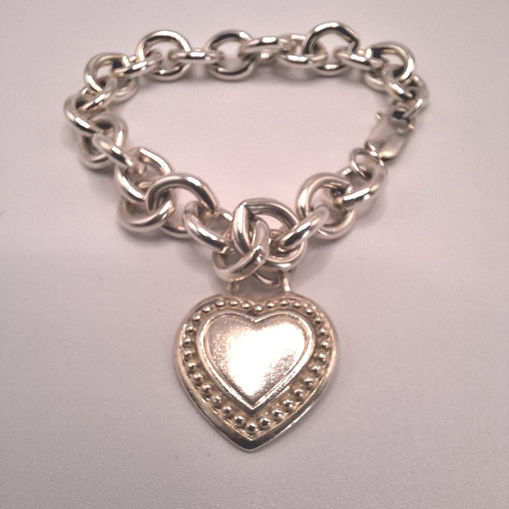 Judith Ripka heart charm bracelet in sterling silver 7.25 inches 53 grams
